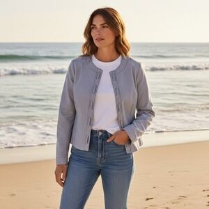 Nautical Jacket Women S Open Blue and White Striped Coastal Yacht Cotton Grommet